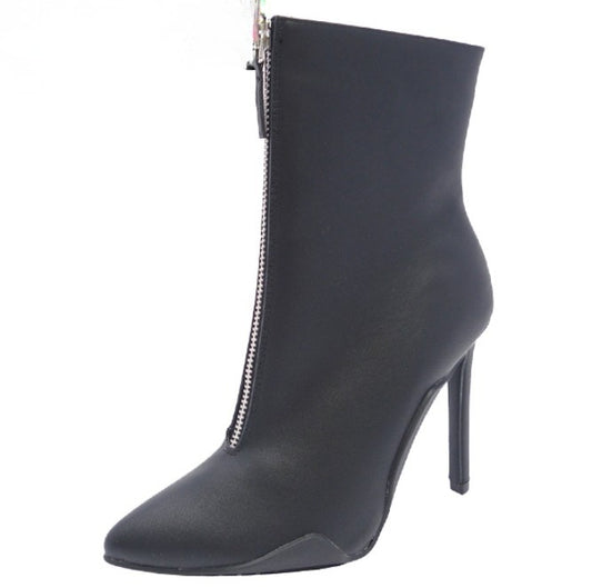 SHYY-02 BLACK FAUX LEATHER POINTY TOE STILETTO BOOTIE WITH FRONT ZIPPER
