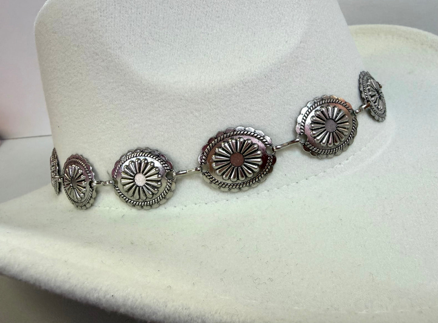 TANGO IVORY FAUX WOOL COWBOY HAT WITH SILVER OVAL CONCHO CHAIN BAND