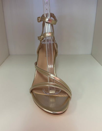 CLARICE GOLD PATENT STRAPPY OPEN TOE STILETTO HEEL WITH ANKLE STRAP AND ROUND TOE BASE