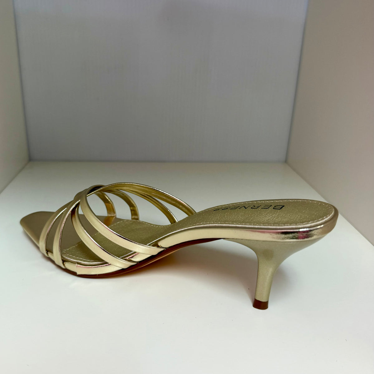 MONROE GOLD METALLIC FAUX LEATHER STRAPPY SLIP ON MULE KITTEN HEEL