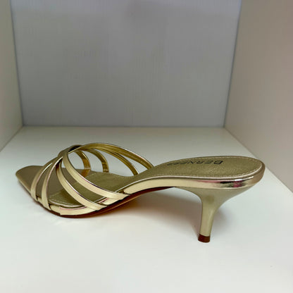 MONROE GOLD METALLIC FAUX LEATHER STRAPPY SLIP ON MULE KITTEN HEEL
