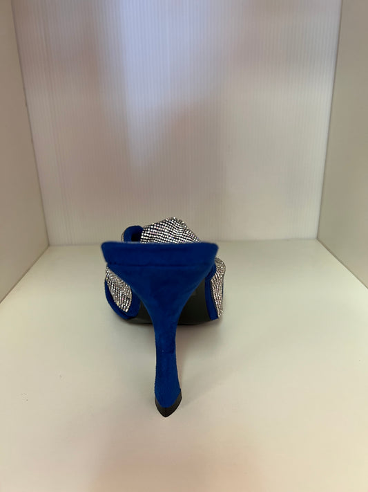 BELLINI-01 BLUE FAUX SUEDE SQUARE OPEN TOE STILETTO MULE WITH RHINESTONE COVERED MULTI STRAP KNOTTED VAMP