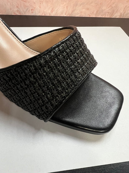 MARY-101 Black Woven Raffia Kitten Heel Open Toe Mule