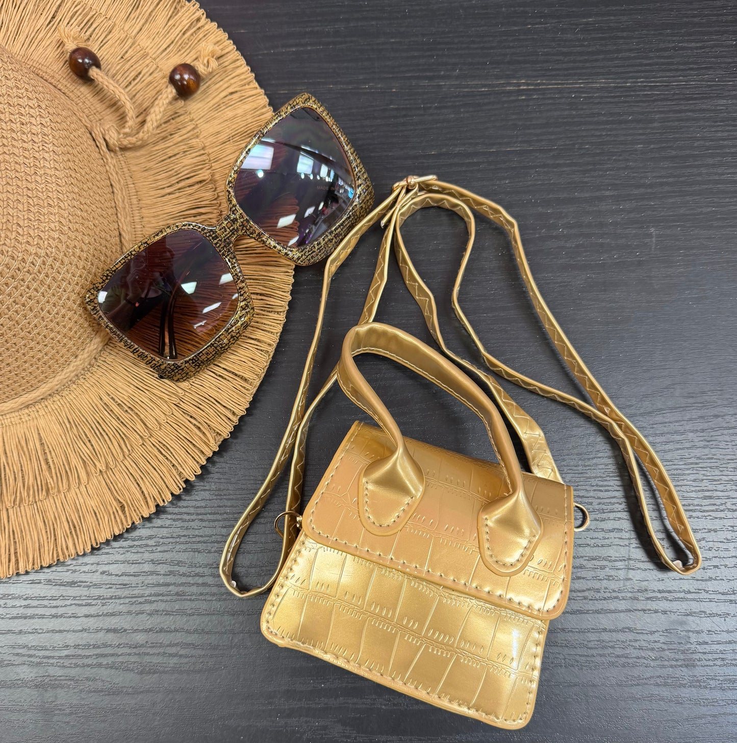 NEDRA GOLD EMBOSSED MINI BAG WITH CROSS BODY STRAP
