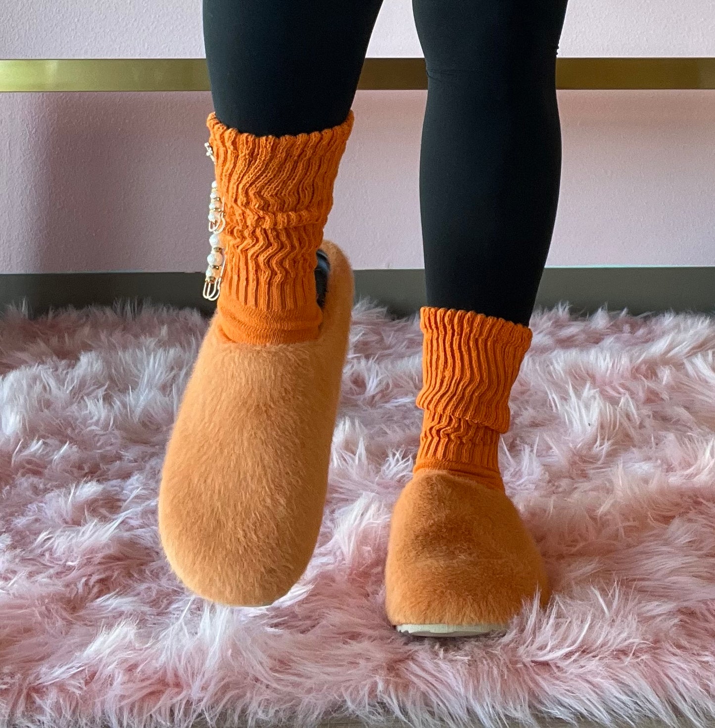 FURRY-10 Orange Faux Fur Slip-On Clog