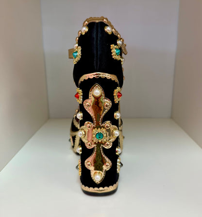 ROYAL-1 AG26 BLACK SATIN PLATFORM CHUNKY HEEL TRIMMED WITH GOLD FAUX LEATHER AND ALL OVER JEWELS