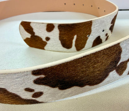 RANCHER FAUX COW HIDE BELT WITH SILVER PRONG BUCKLE