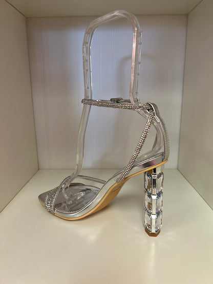 GEMSTONE-03 SILVER BLINGY HEELS WITH 3 RHINESTONE STRAP VAMP AND EMBEEDED JEWELS IN HEEL