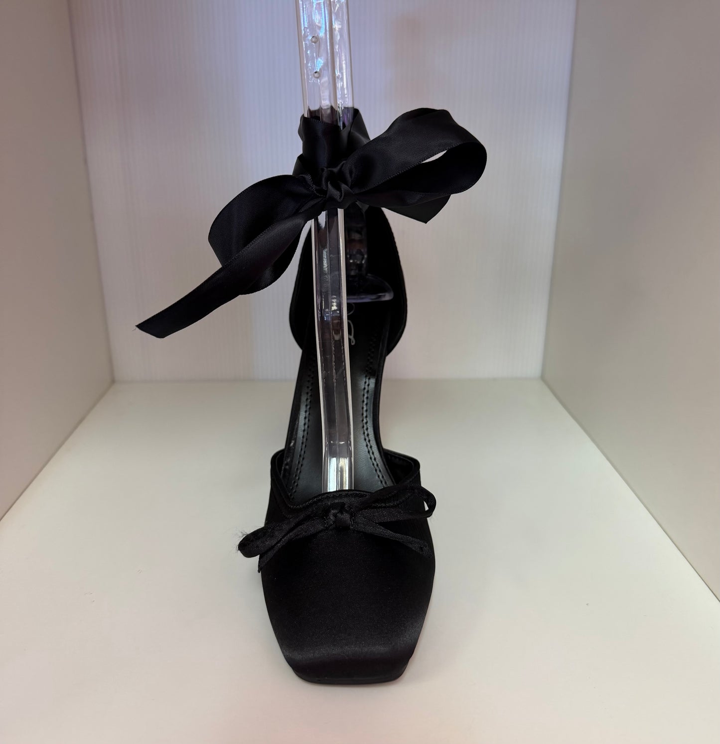 MIRACLE-11 BLACK SATIN TIE UP CLOSED TOE BALLERINA STILETTO HEELS