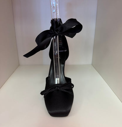 MIRACLE-11 BLACK SATIN TIE UP CLOSED TOE BALLERINA STILETTO HEELS
