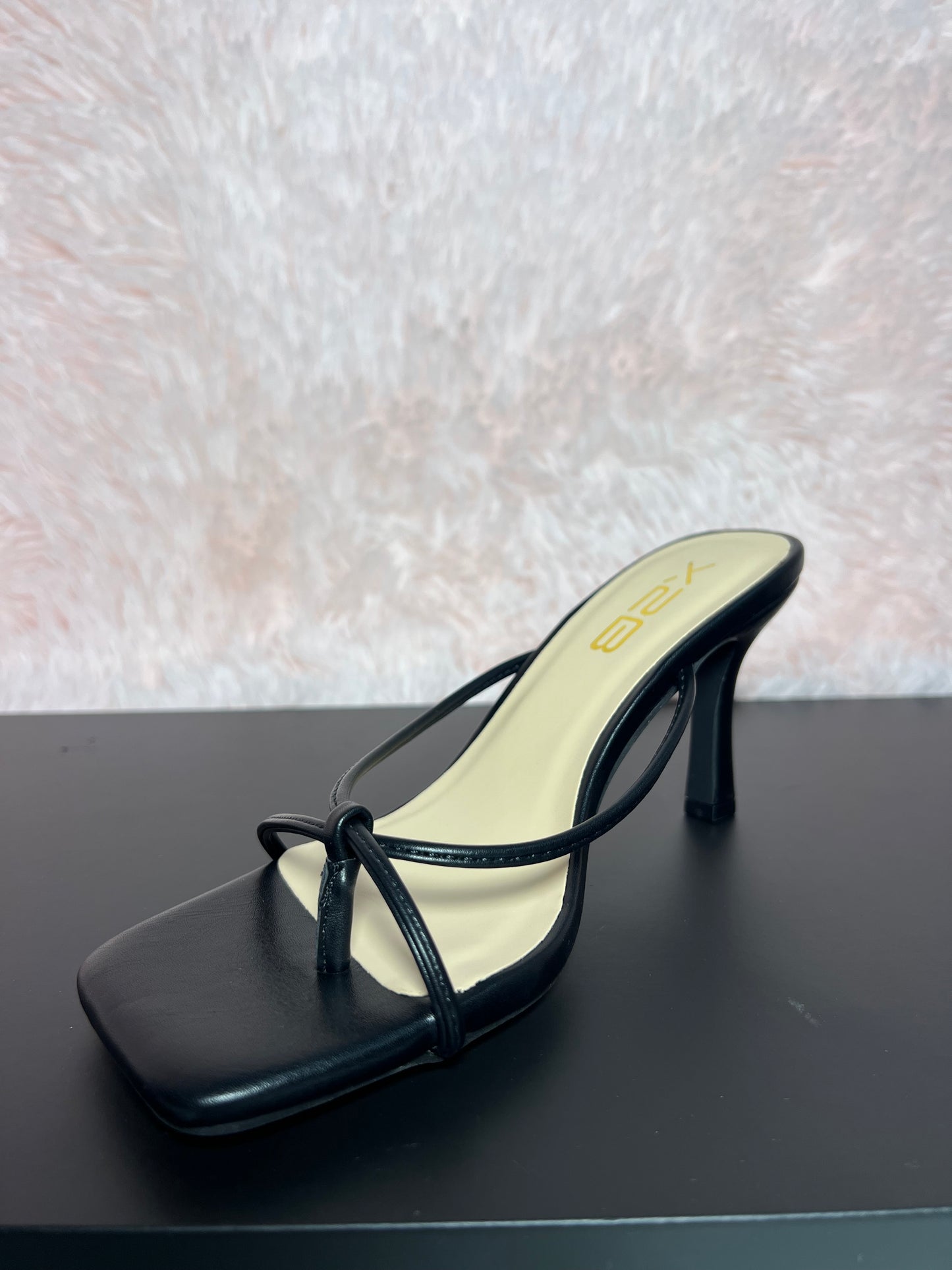 DOVIE-1N Black Kitten Heel Split Toe Black Faux Leather - Slip On - Square Open Toe