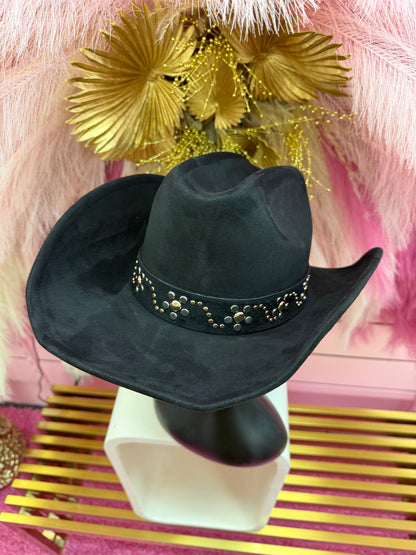 BRIONNE BLACK FAUX SUEDE COWBOY HAT WITH GOLD AND SILVER STUD BAND DESIGN