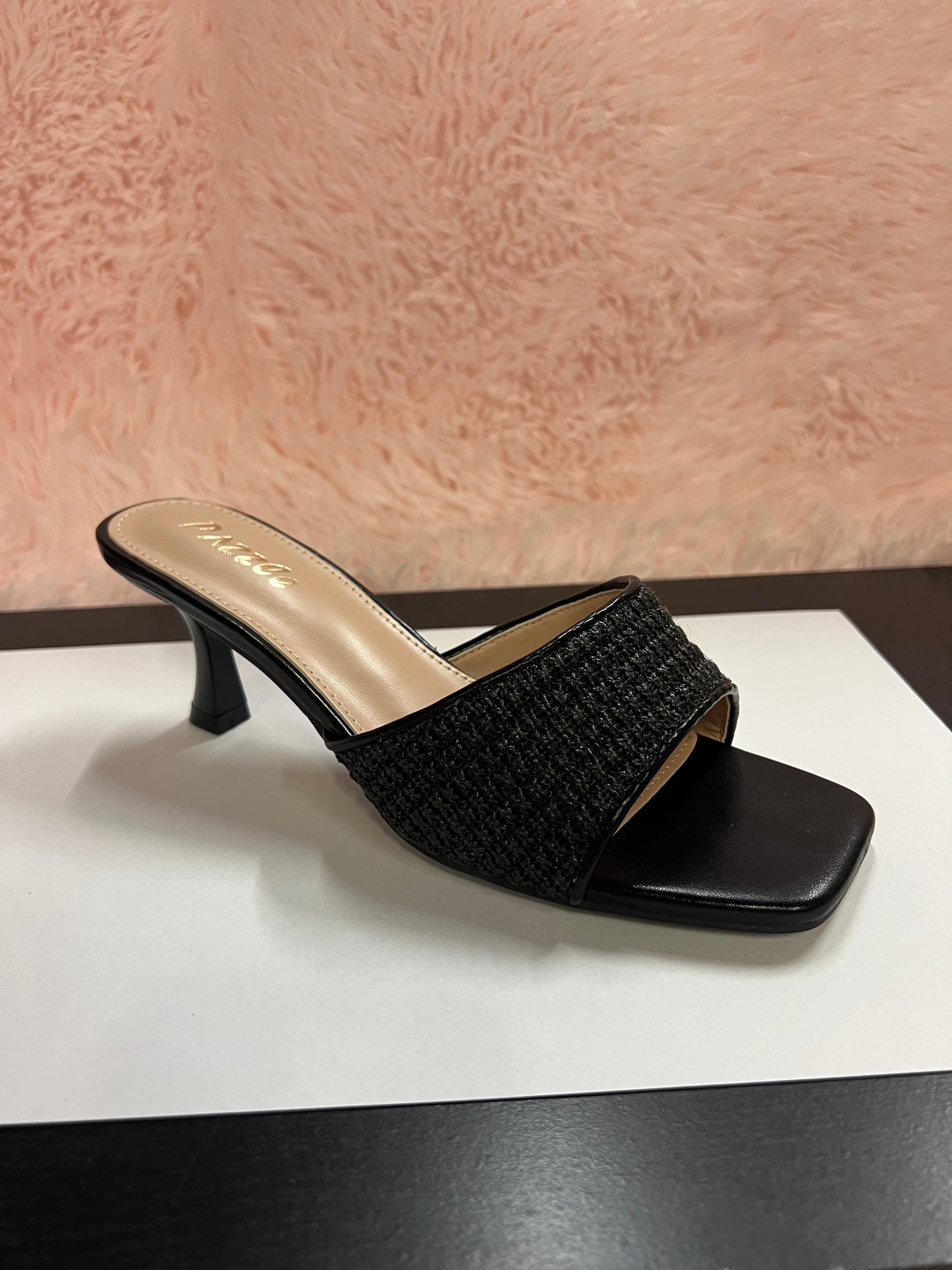 MARY-101 Black Woven Raffia Kitten Heel Open Toe Mule
