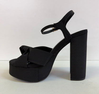 GENEVA-01 BLACK FABRIC KNOTTED STRAPS PLATFORM BLOCK HEELS