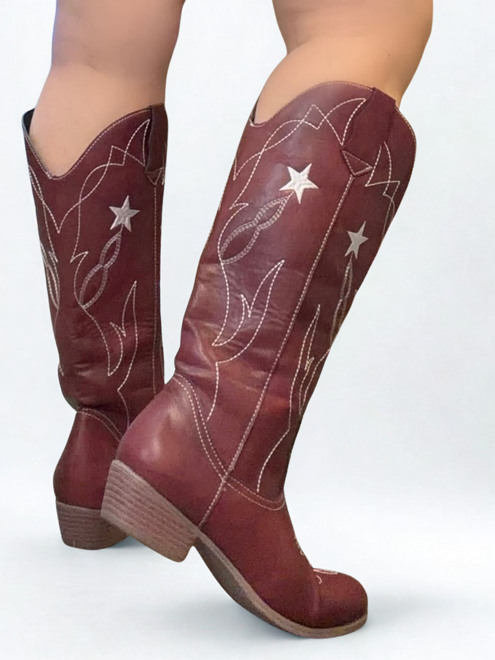 DARLA BURGUNDY-BROWN COWBOY BOOT WITH CONTRAST WESTERN STITCHING AND STAR DETAIL