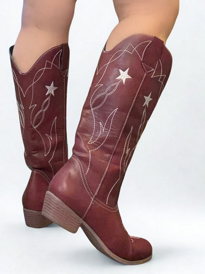 DARLA BURGUNDY-BROWN COWBOY BOOT WITH CONTRAST WESTERN STITCHING AND STAR DETAIL