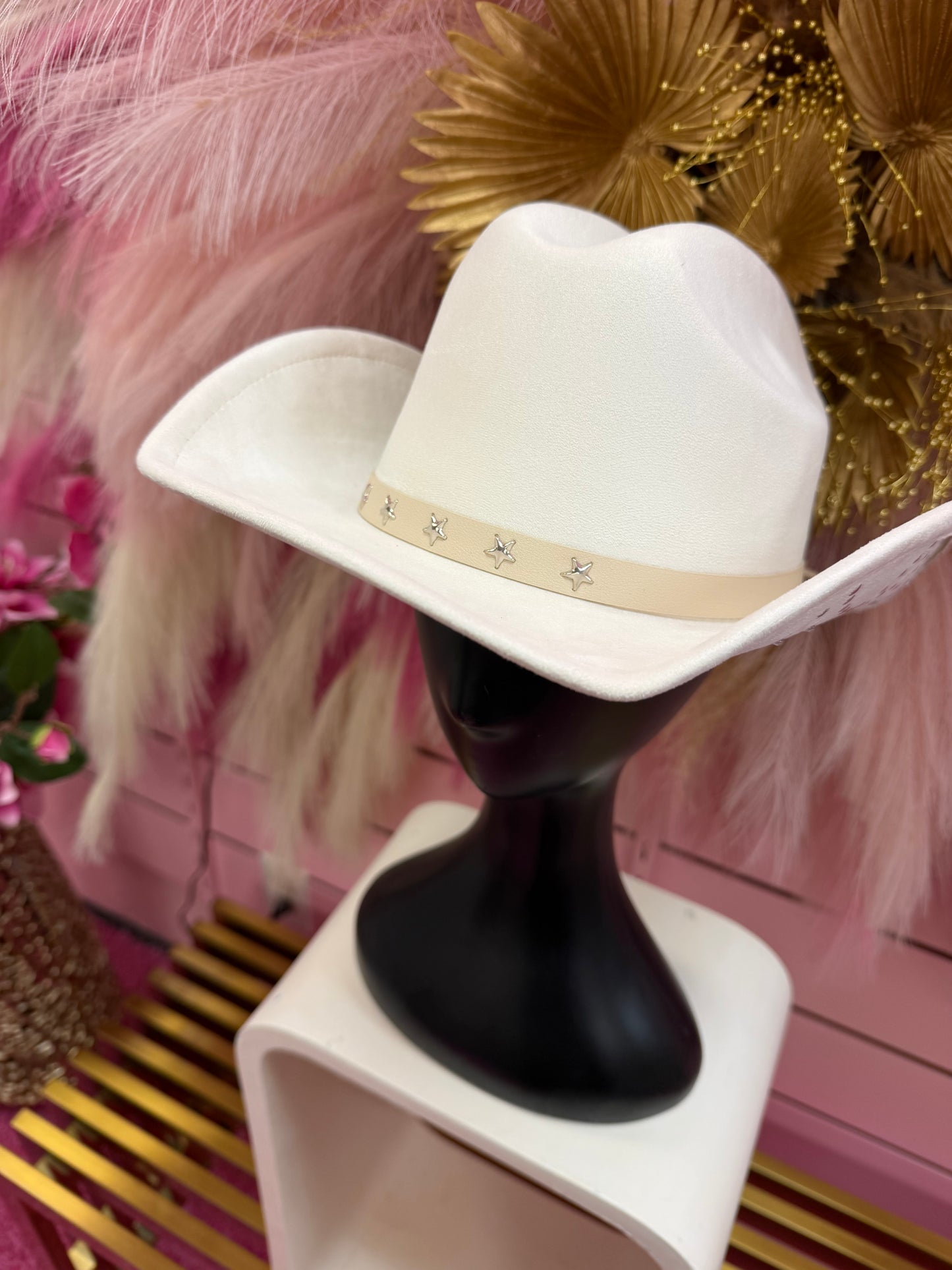 REBECCA IVORY FAUX SUEDE COWBOY HAT WITH SILVER STAR BAND AND STUDDED UNDERSIDE OF BRIM