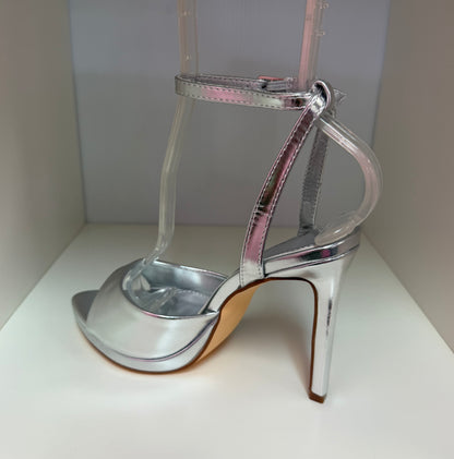 HINA SILVER METALLIC FAUX LEATHER PLATFORM STILEETO WITH ANKLE STRAP