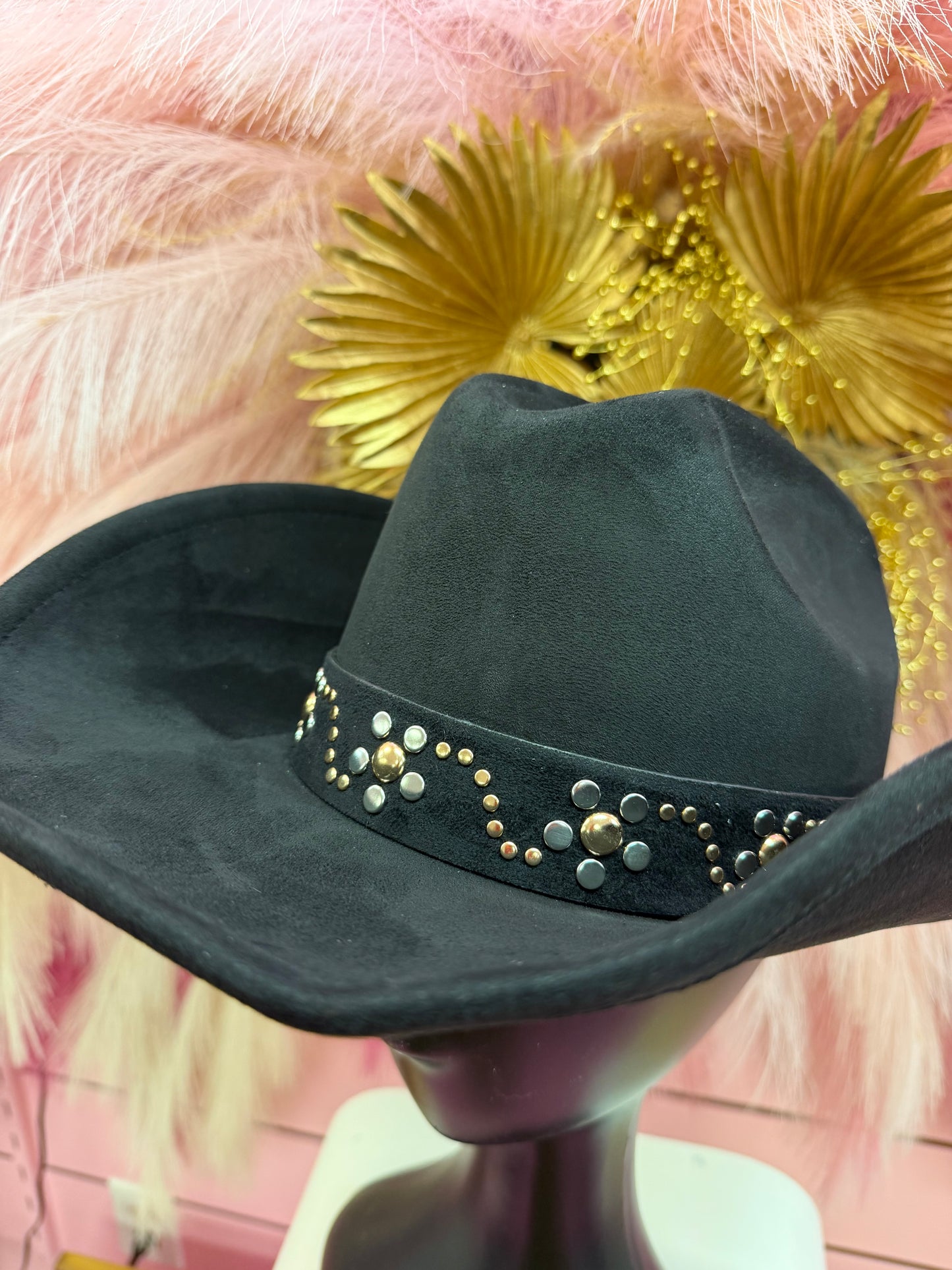 BRIONNE BLACK FAUX SUEDE COWBOY HAT WITH GOLD AND SILVER STUD BAND DESIGN