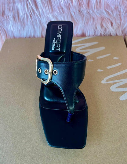 MERASA-13 Black Kitten Heel Split Toe Black Faux Leather - Slip On - Square Open Toe