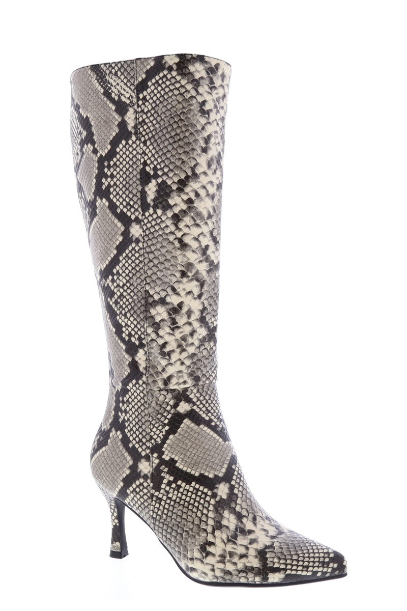KAYLEE-1 Beige Faux Snake Knee-High Boot