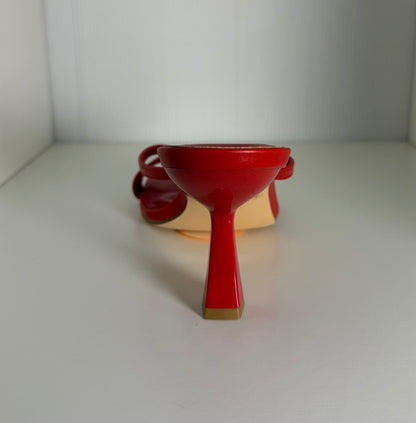 HALLIE-1 RED FAUX LEATHER STRAPPY SPLIT TOE SLIP-ON MULE KITTEN HEEL SANDALS