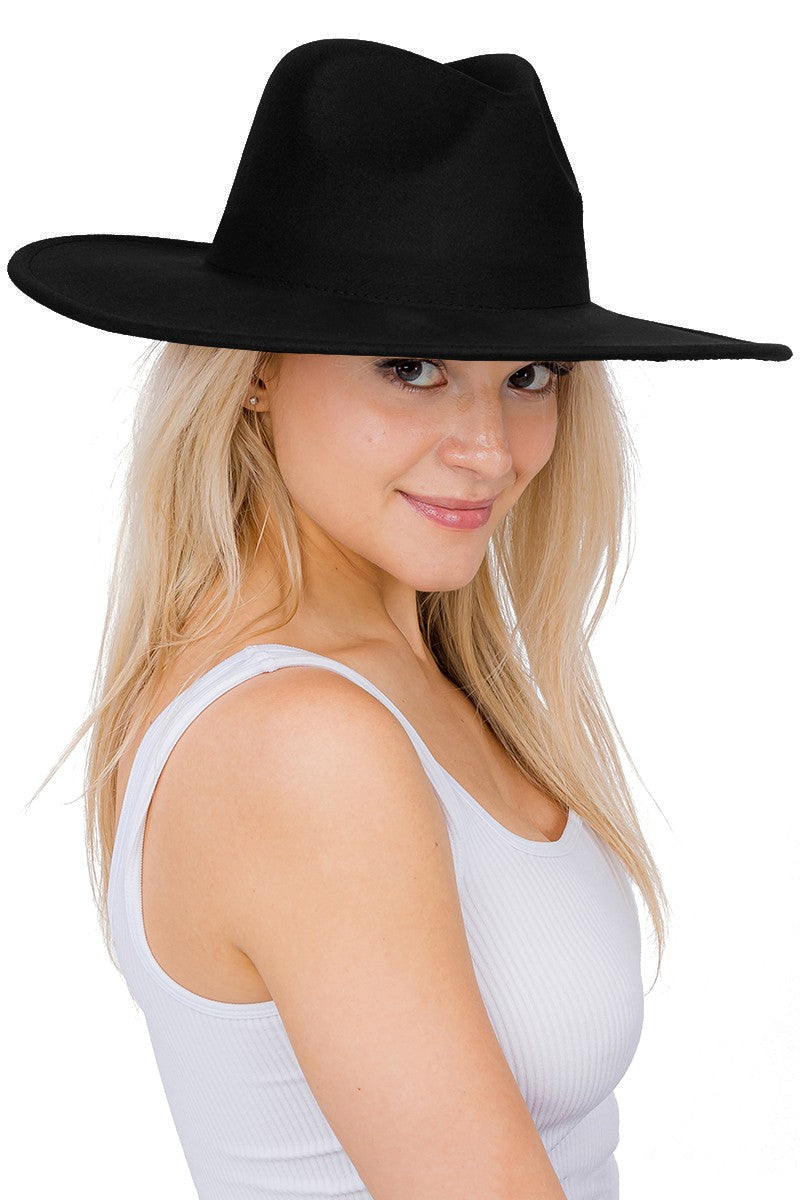 MAINSTAY HAT Black Wide Brim Felt - Fedora Panama Hat - Approx 3.75” Brim