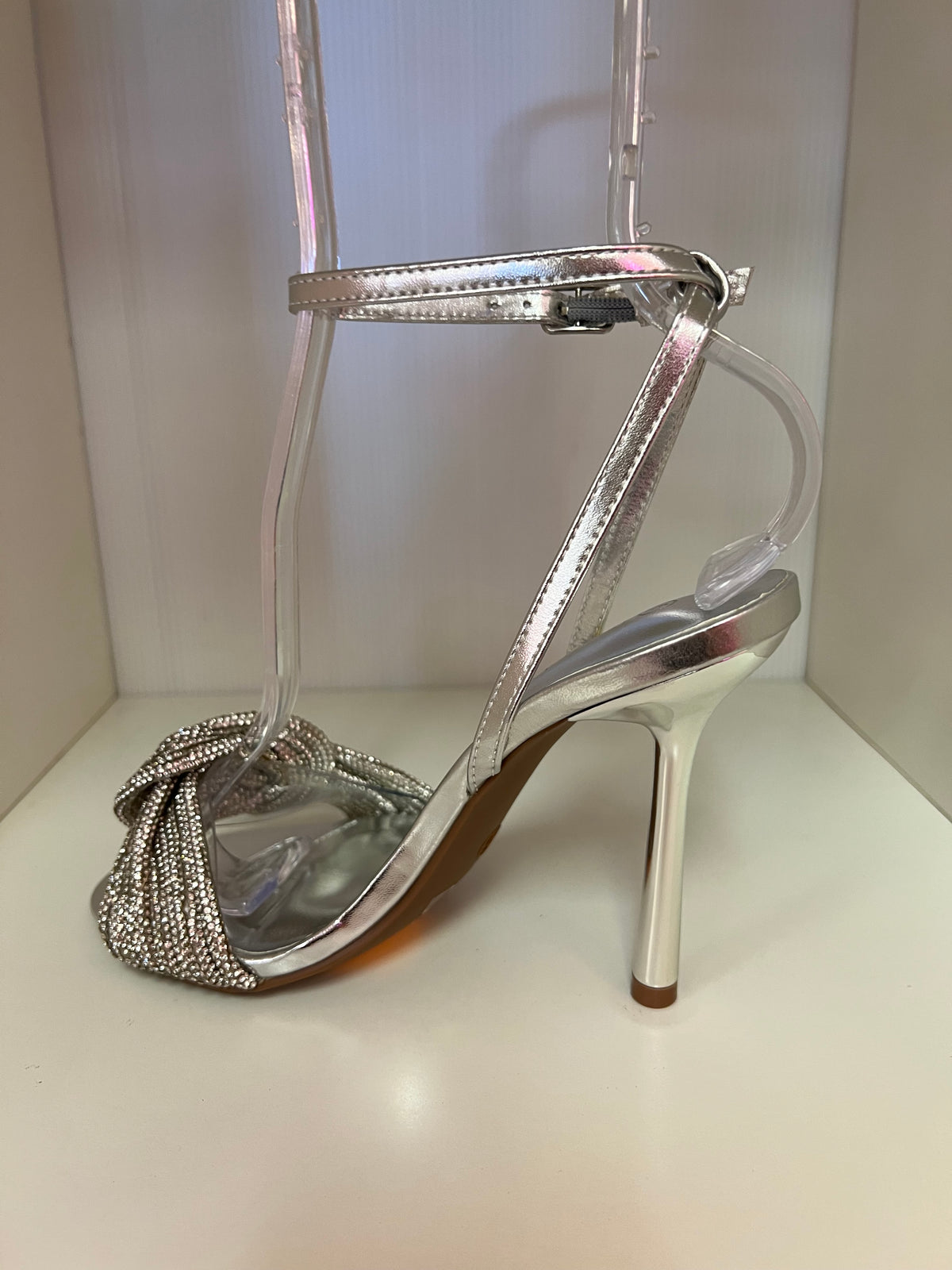 NARI-02 SILVER FAUX LEATHER OPEN TOE STILETTO WITH KNOTTED RHINESTONE VAMP