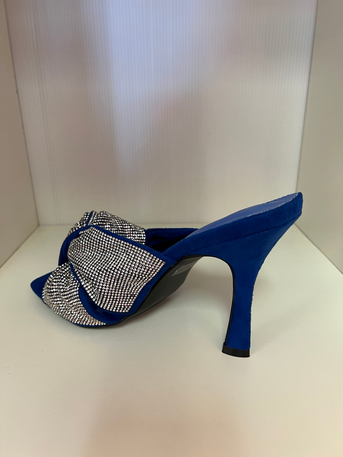 BELLINI-01 BLUE FAUX SUEDE SQUARE OPEN TOE STILETTO MULE WITH RHINESTONE COVERED MULTI STRAP KNOTTED VAMP