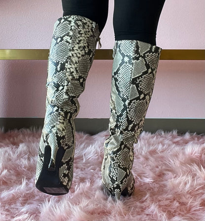 KAYLEE-1 Beige Faux Snake Knee-High Boot
