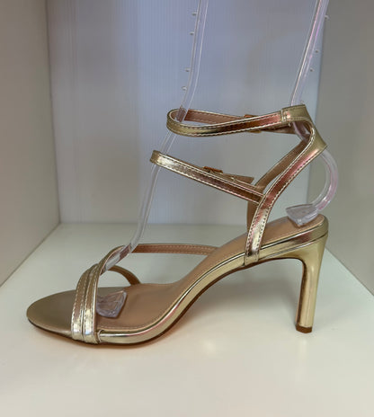CLARICE GOLD PATENT STRAPPY OPEN TOE STILETTO HEEL WITH ANKLE STRAP AND ROUND TOE BASE