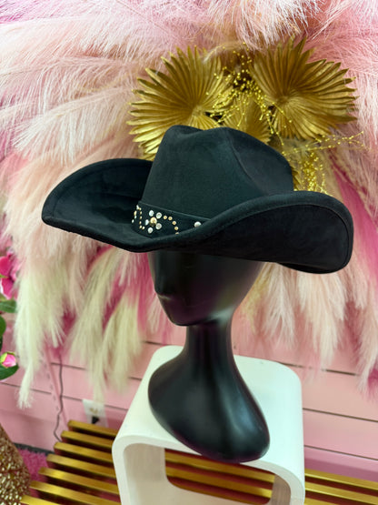 BRIONNE BLACK FAUX SUEDE COWBOY HAT WITH GOLD AND SILVER STUD BAND DESIGN