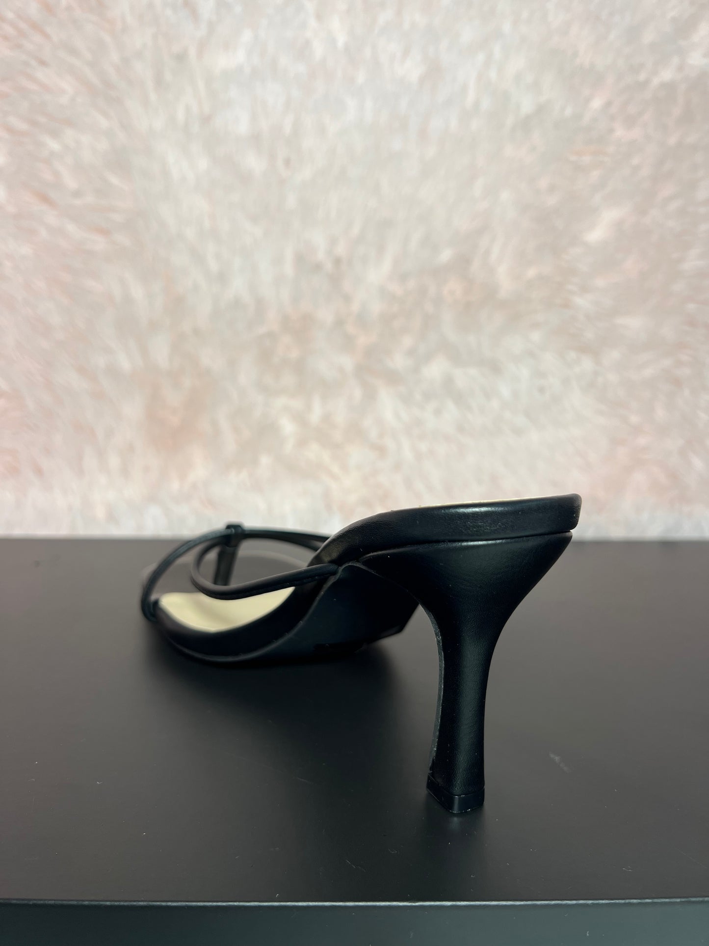 DOVIE-1N Black Kitten Heel Split Toe Black Faux Leather - Slip On - Square Open Toe