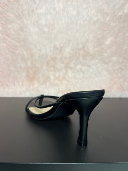 DOVIE-1N Black Kitten Heel Split Toe Black Faux Leather - Slip On - Square Open Toe