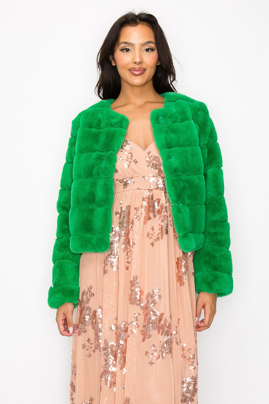 CLAIBORNE LONG SLEEVE FAUX FUR JACKET Green Mardi Gras