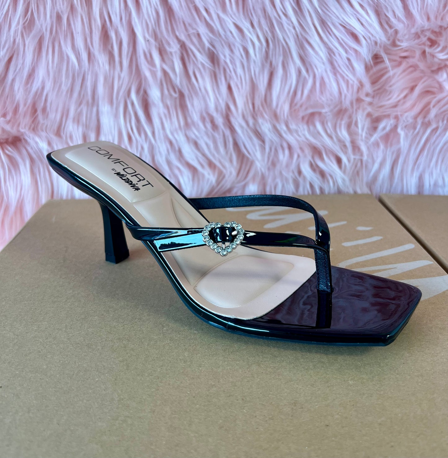 MERASA-12 Black Patent Leather Kitten Heel Open Toe