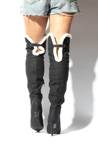 LOVE CIRCLE Black Faux Fur/Nubuck Thigh High Boot