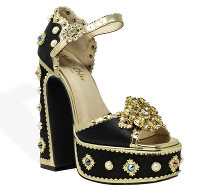 ROYAL-1 AG26 BLACK SATIN PLATFORM CHUNKY HEEL TRIMMED WITH GOLD FAUX LEATHER AND ALL OVER JEWELS