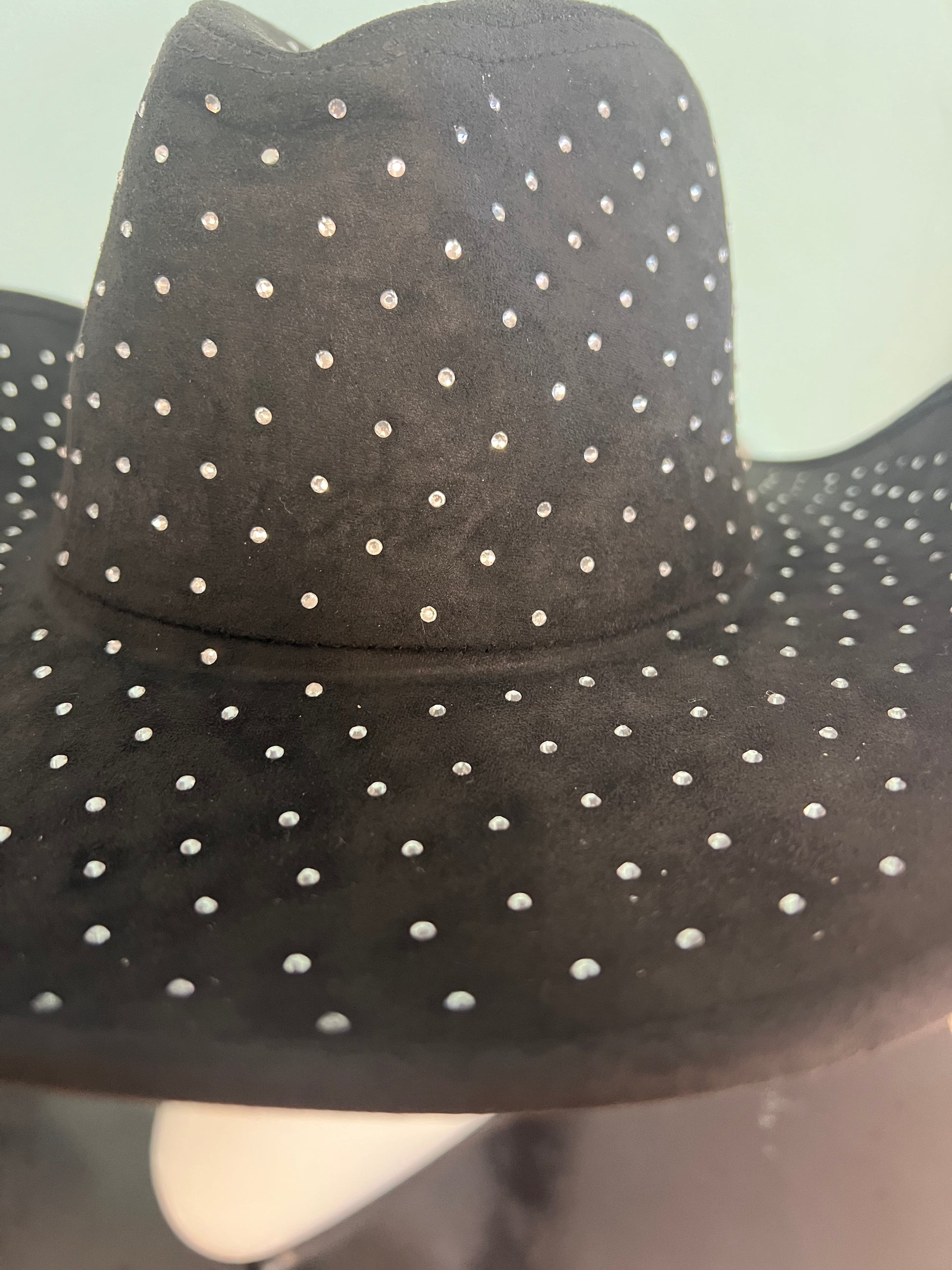 DIVA RHINESTONE COWBOY HAT black

-rhinestone encrusted faux suede cowboy hat

-rhinestones on top and bottom brim&nbsp;

-interior ribbon inside hat to customize size

-stiff, sturdy structure