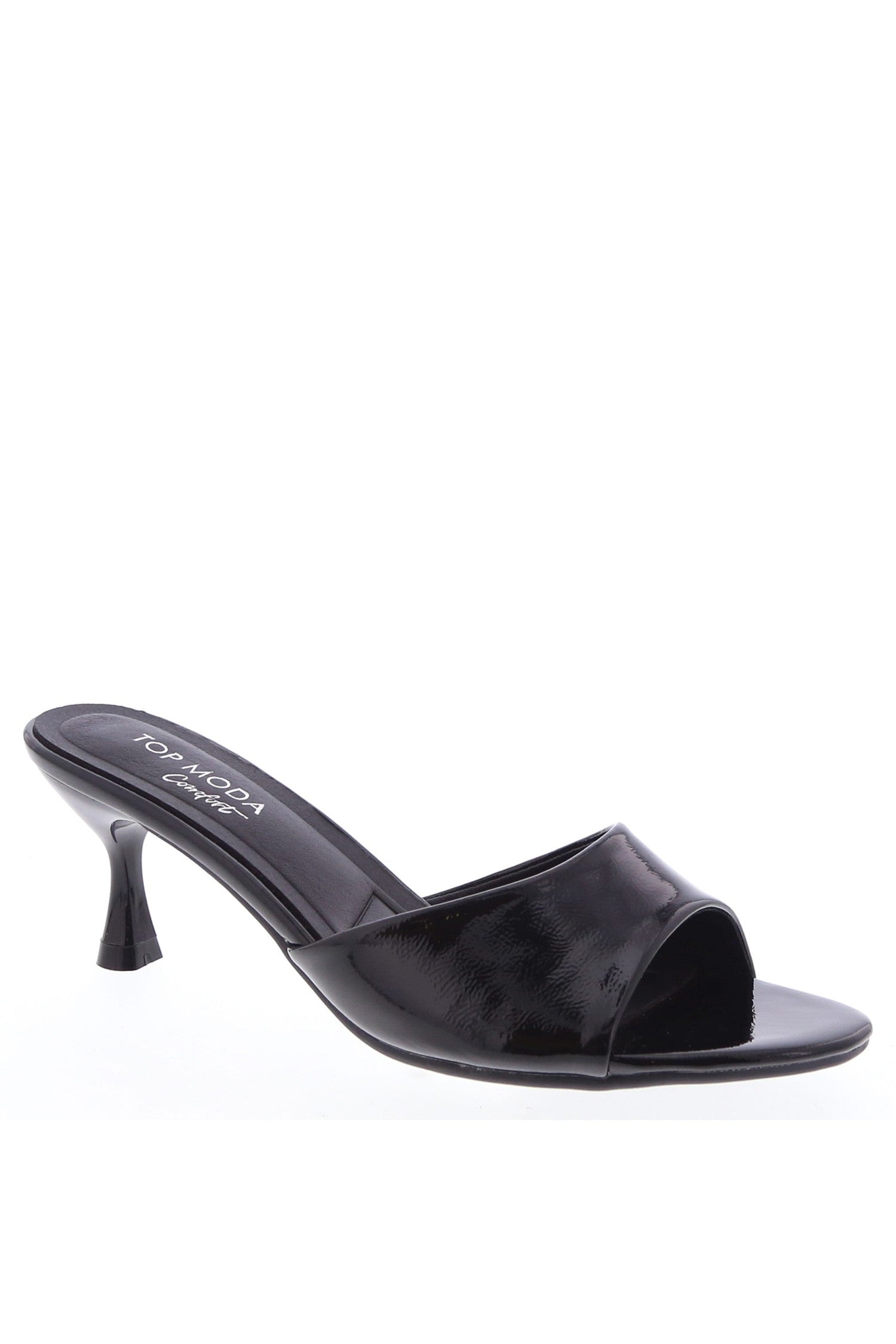 ANGIE-1 Black Kitten Heel Open Toe Mule Faux Patent Leather