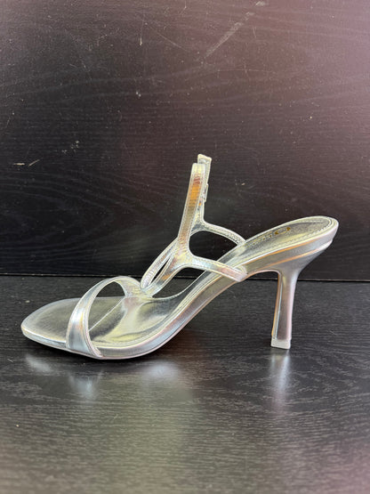 BIBIANA METALLIC FAUX LEATHER ANKLE STRAP HEEL Silver