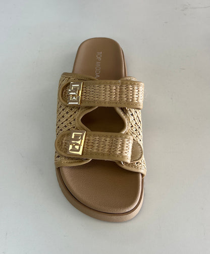 LYON-56 natural tan

- Beige Tan Open Weave Natural Raffia Sandal
- Open Toe
- Double Strap
- Slip On
- Flatform Sole, Approx. 1"