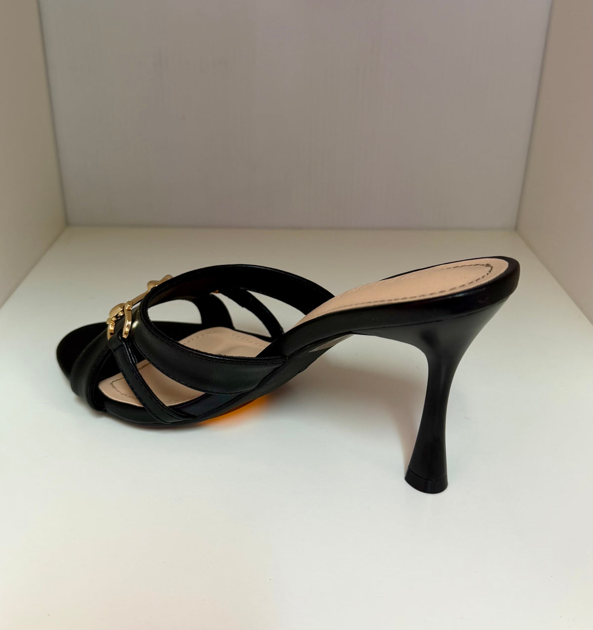 PROWL-07 BLACK FAUX LEATHER STRAPPY SLIP ON MULE STILETTO HEEL WITH GOLD FRONT DETAIL