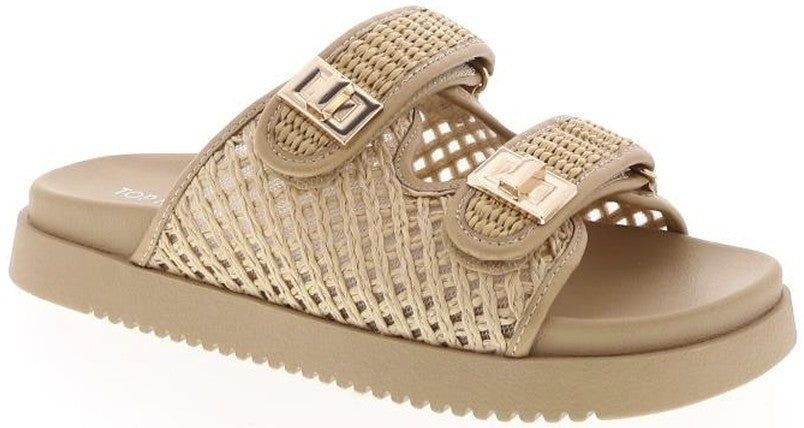 LYON-56 natural tan

- Beige Tan Open Weave Natural Raffia Sandal
- Open Toe
- Double Strap
- Slip On
- Flatform Sole, Approx. 1"