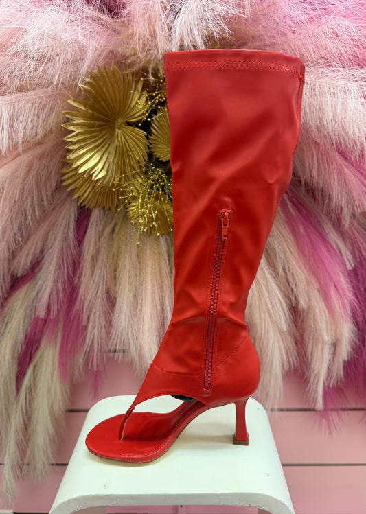 SANYANA-1 O26 RED KNEE HIGH OPEN TOE SPLIT TOE THONG HIGH HEEL BOOT