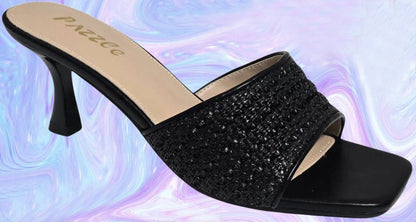 MARY-101 Black Woven Raffia Kitten Heel Open Toe Mule