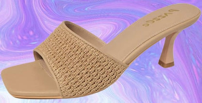 MARY-101 Nude Natural Woven Raffia Kitten Heel Open Toe Mule
