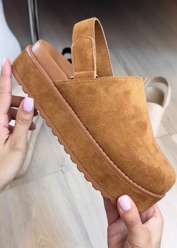 RENO-1 Tan Faux Suede Platform Clog Slingback