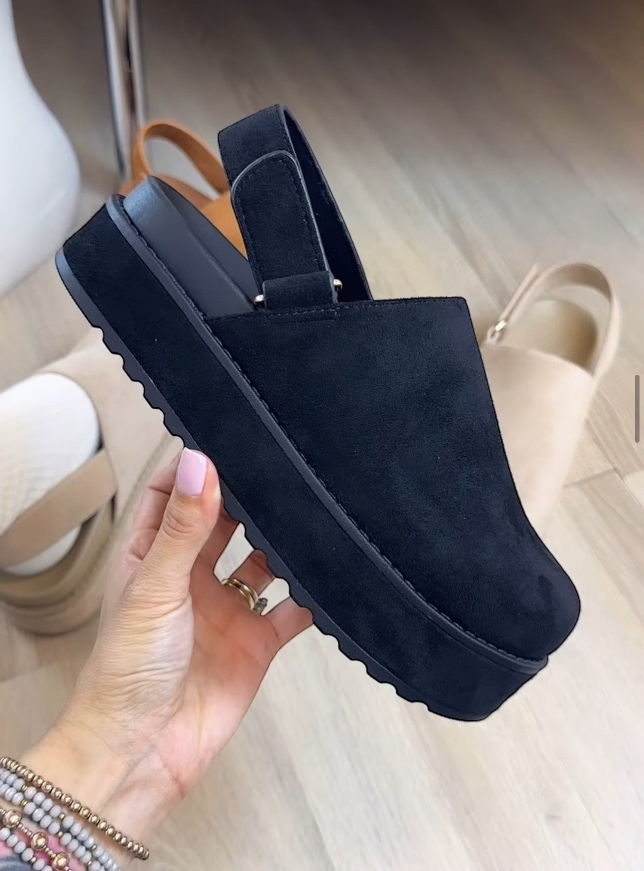 RENO-1 Black Faux Suede Platform Clog Slingback