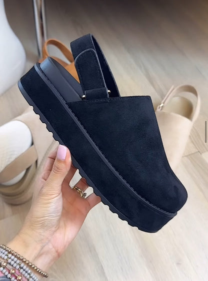 RENO-1 Black Faux Suede Platform Clog Slingback